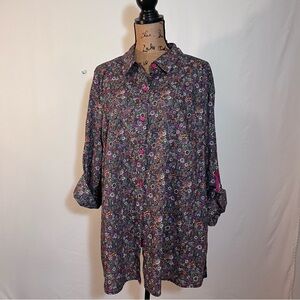 Catherines Multicolor Floral Button-Front Blouse with Pink Trim Size 1x NWT